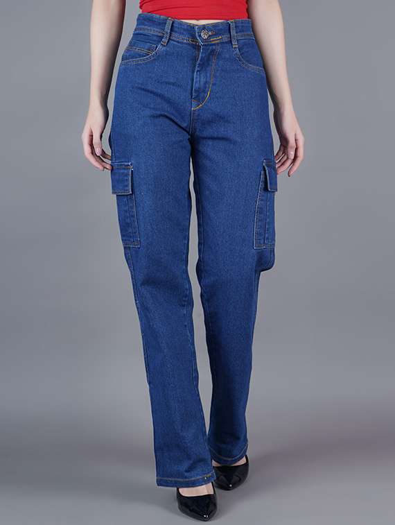 women solid high rise denim cargo