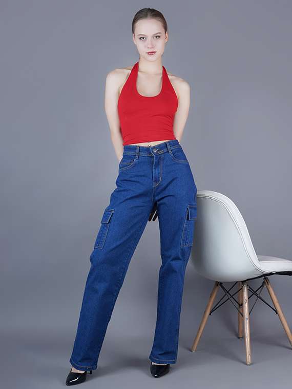 women solid high rise denim cargo - 22351398 -  Standard Image - 3