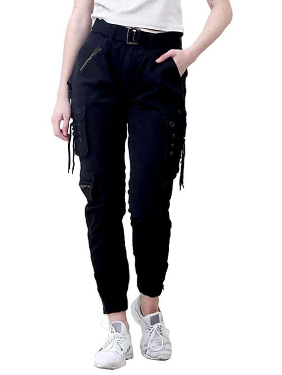 women solid high rise denim cargo