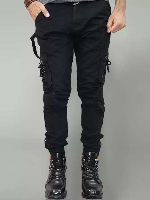 men solid mid rise denim cargo