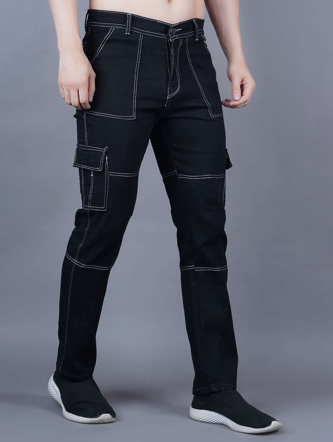 men solid mid rise denim cargo