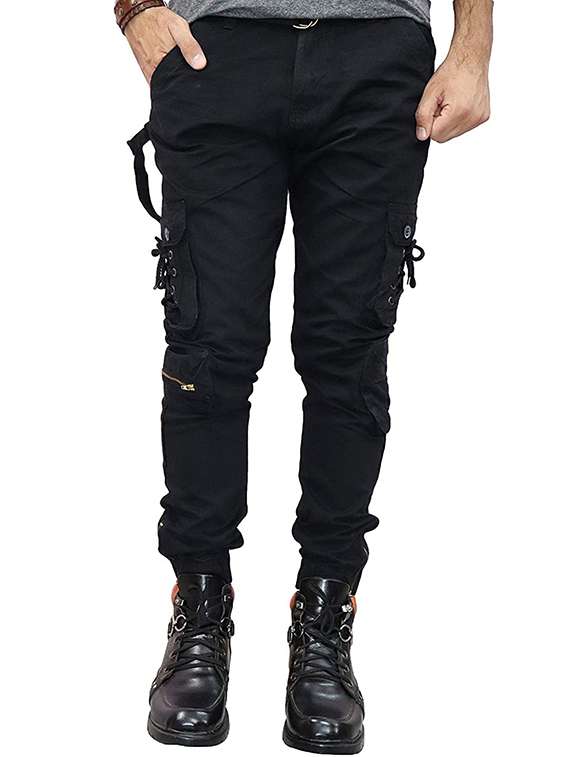 men solid mid rise denim cargo