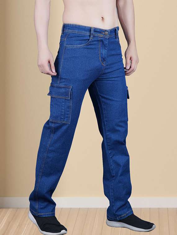 men solid mid rise denim cargo