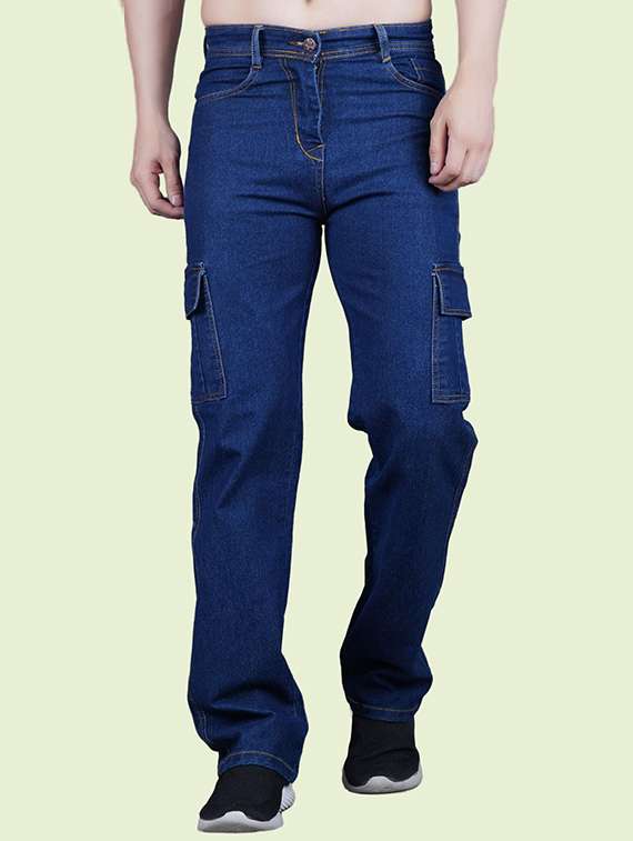 men solid mid rise denim cargo