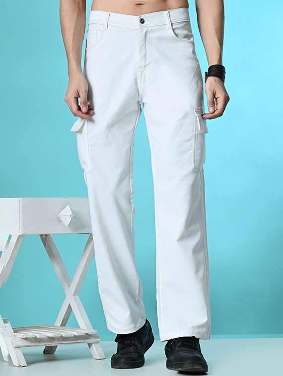 men solid mid rise denim cargo