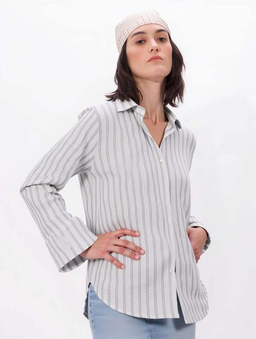 women striped collared long sleeve shirt