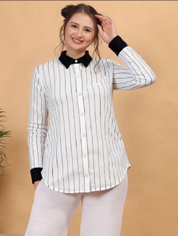 women striped collared short sleeve shirt