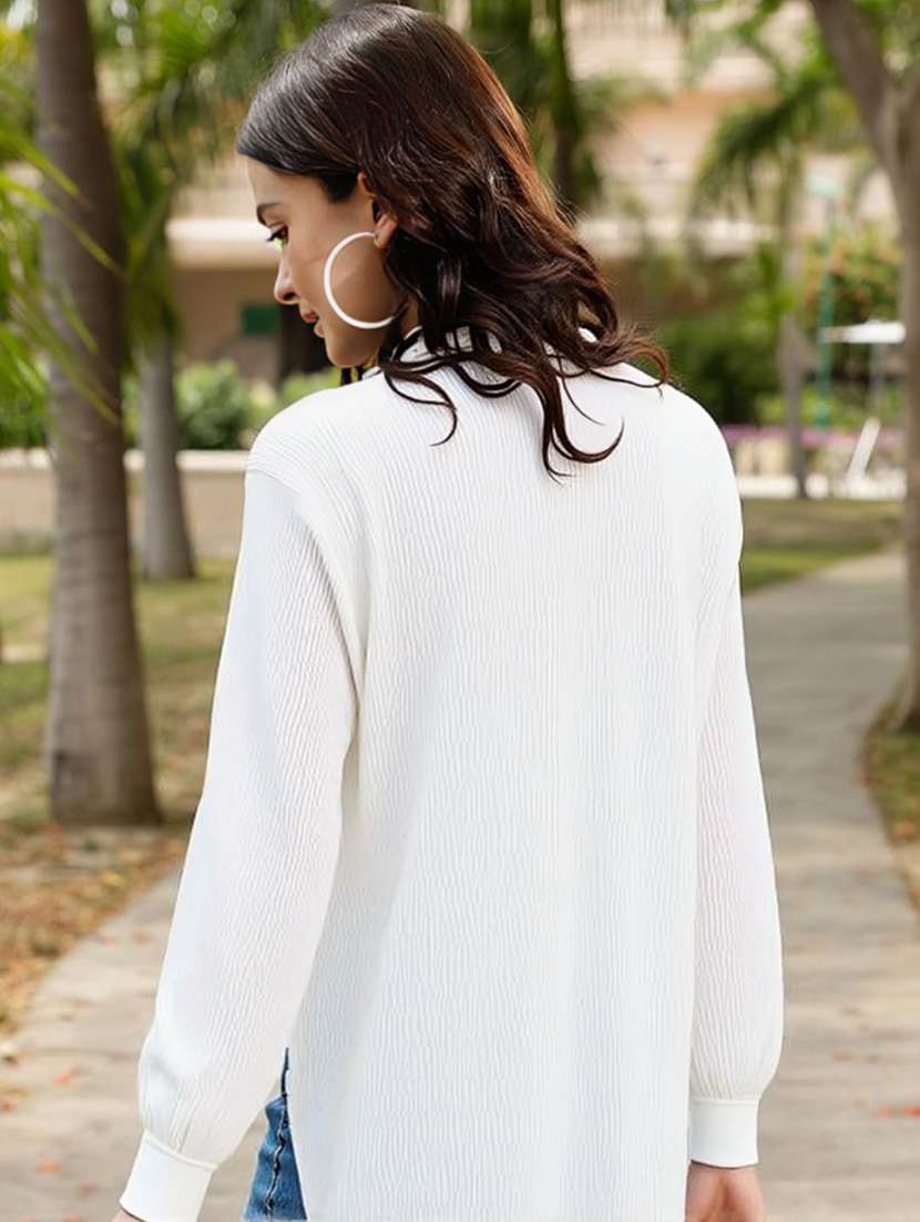 women solid collared long sleeve oversized shirt - 22353079 -  Standard Image - 3