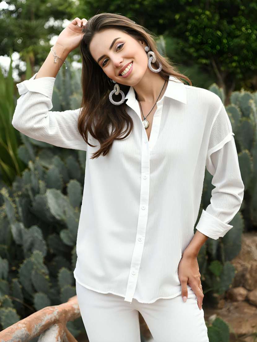 women solid collared long sleeve oversized shirt