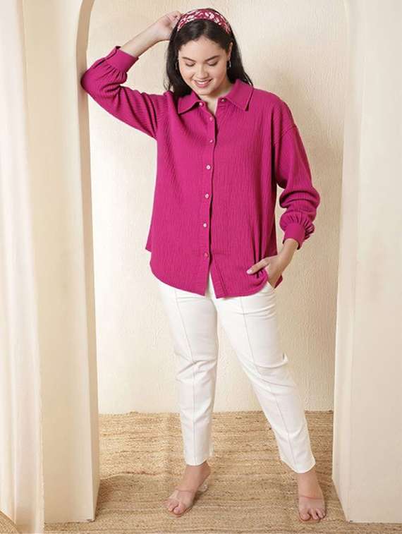 women solid collared long sleeve oversized shirt - 22353082 -  Standard Image - 3