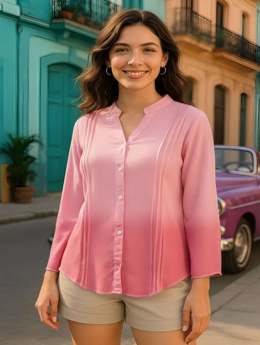 women ombre print mandarin collar long sleeve shirt