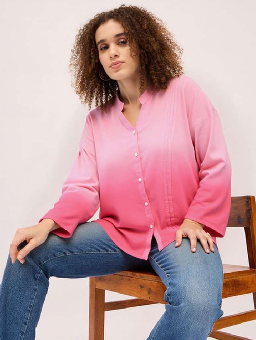 women ombre print mandarin collar long sleeve shirt