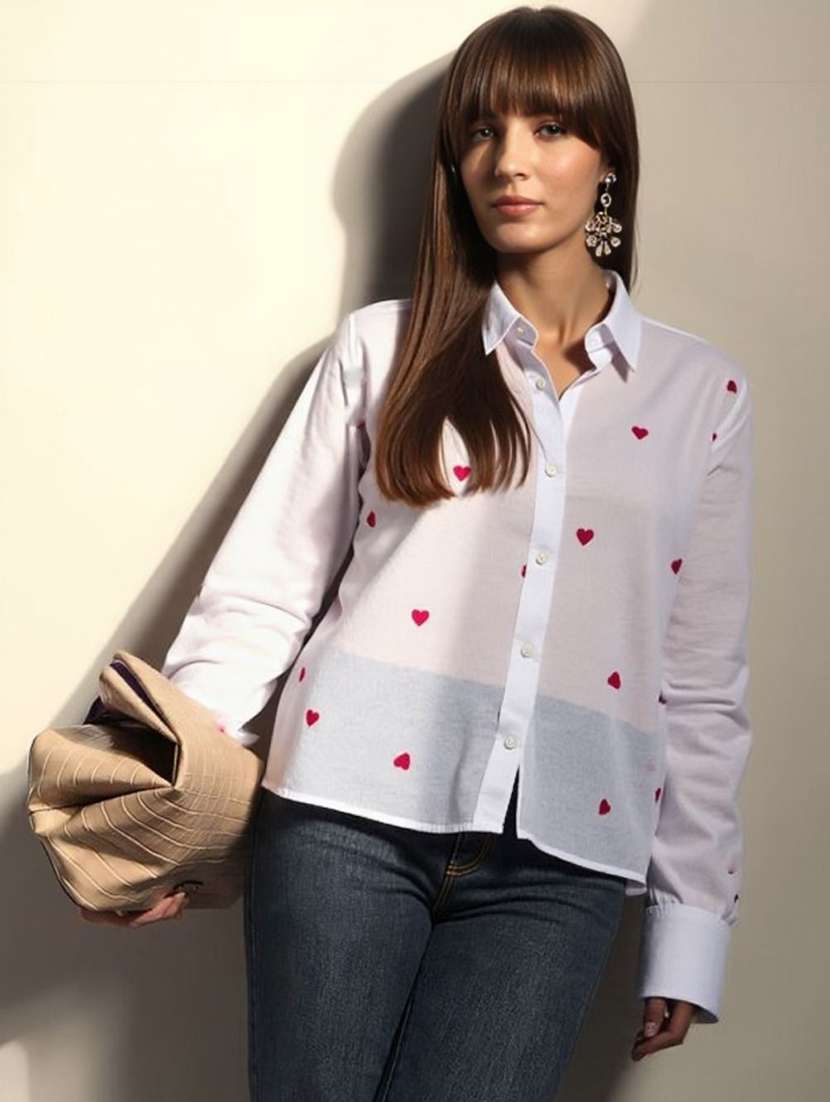 women printed collared long sleeve shirt