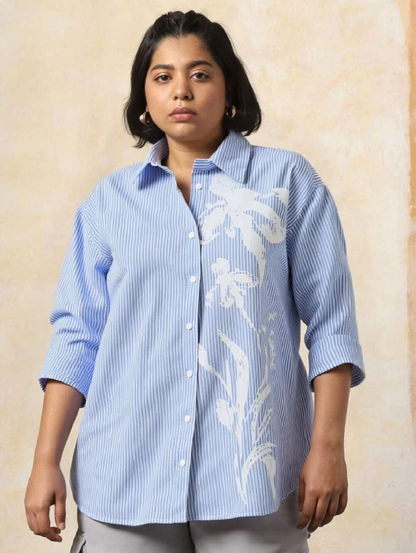 women plus size striped collared long sleeve shirt