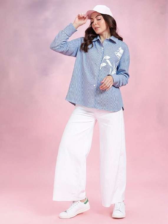 women striped collared long sleeve shirt - 22353114 -  Standard Image - 3