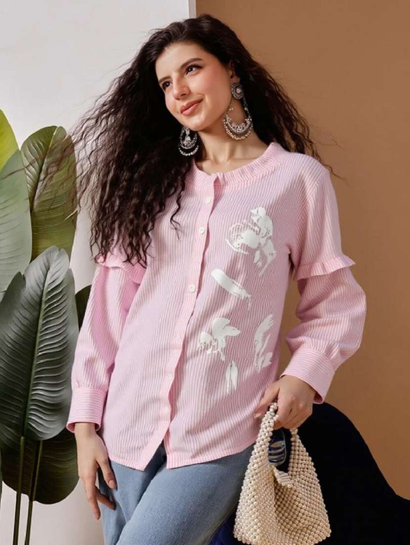 women striped collared long sleeve shirt