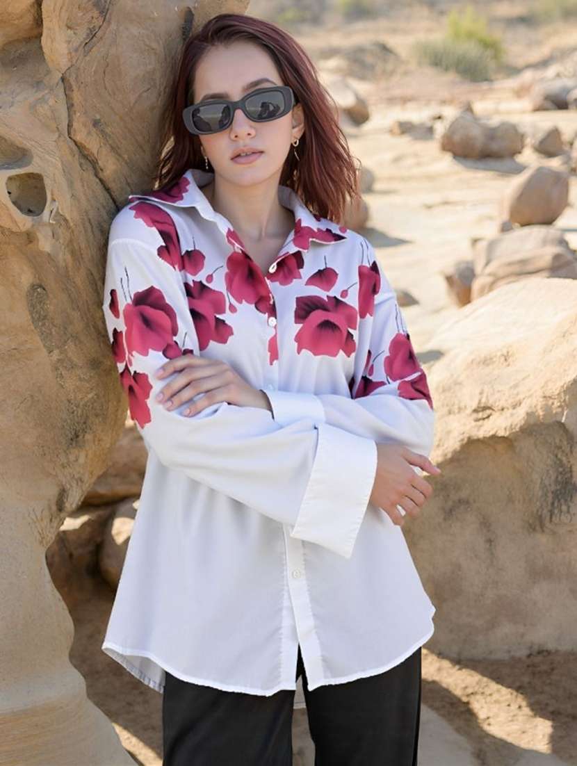 women printed collared long sleeve shirt