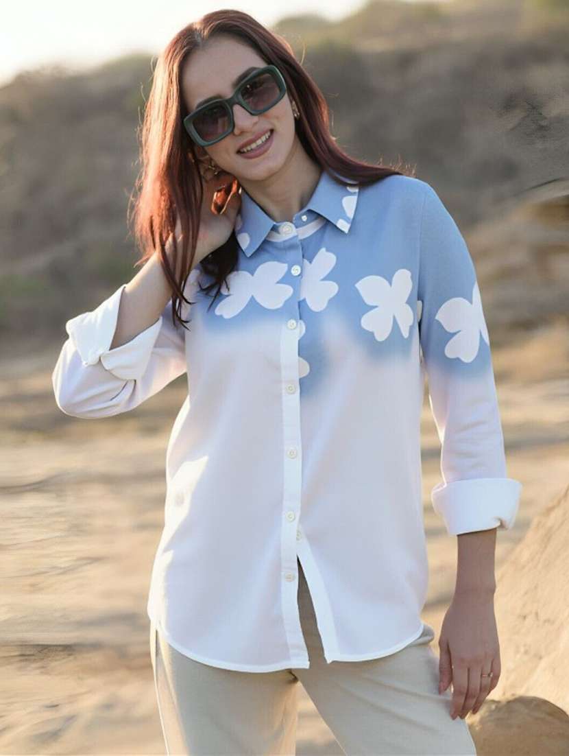 women printed collared long sleeve shirt