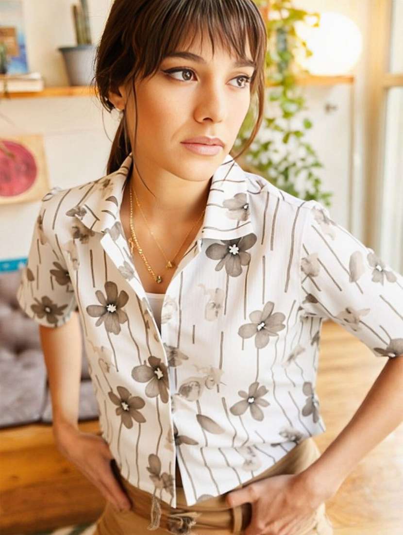 women floral print short sleeve crop shirt