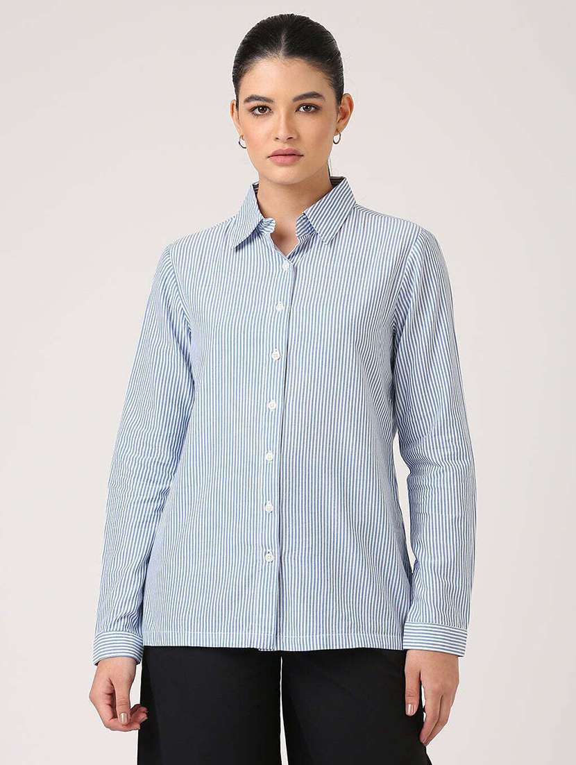 women striped collared short sleeve shirt