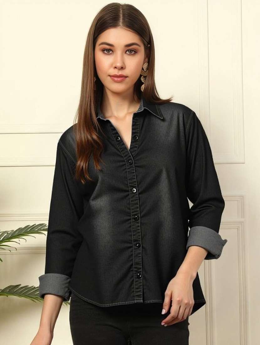 women solid collared short sleeve denim shirt