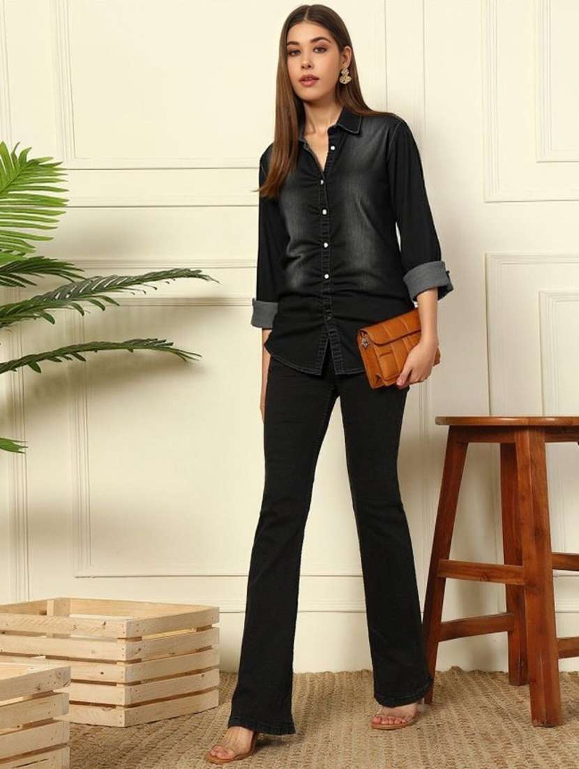 women solid collared short sleeve denim shirt - 22353184 -  Standard Image - 3