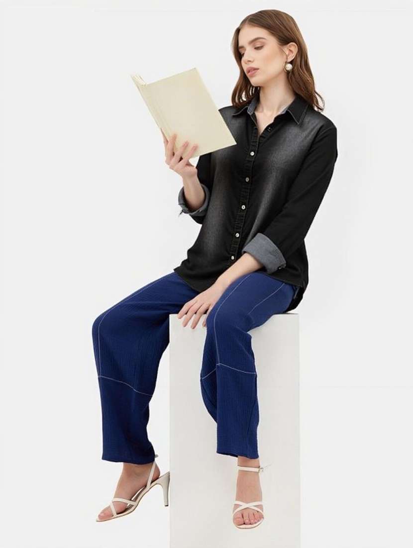 women solid collared short sleeve denim shirt - 22353185 -  Standard Image - 3