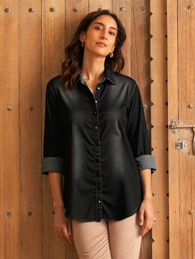 women solid collared short sleeve denim shirt