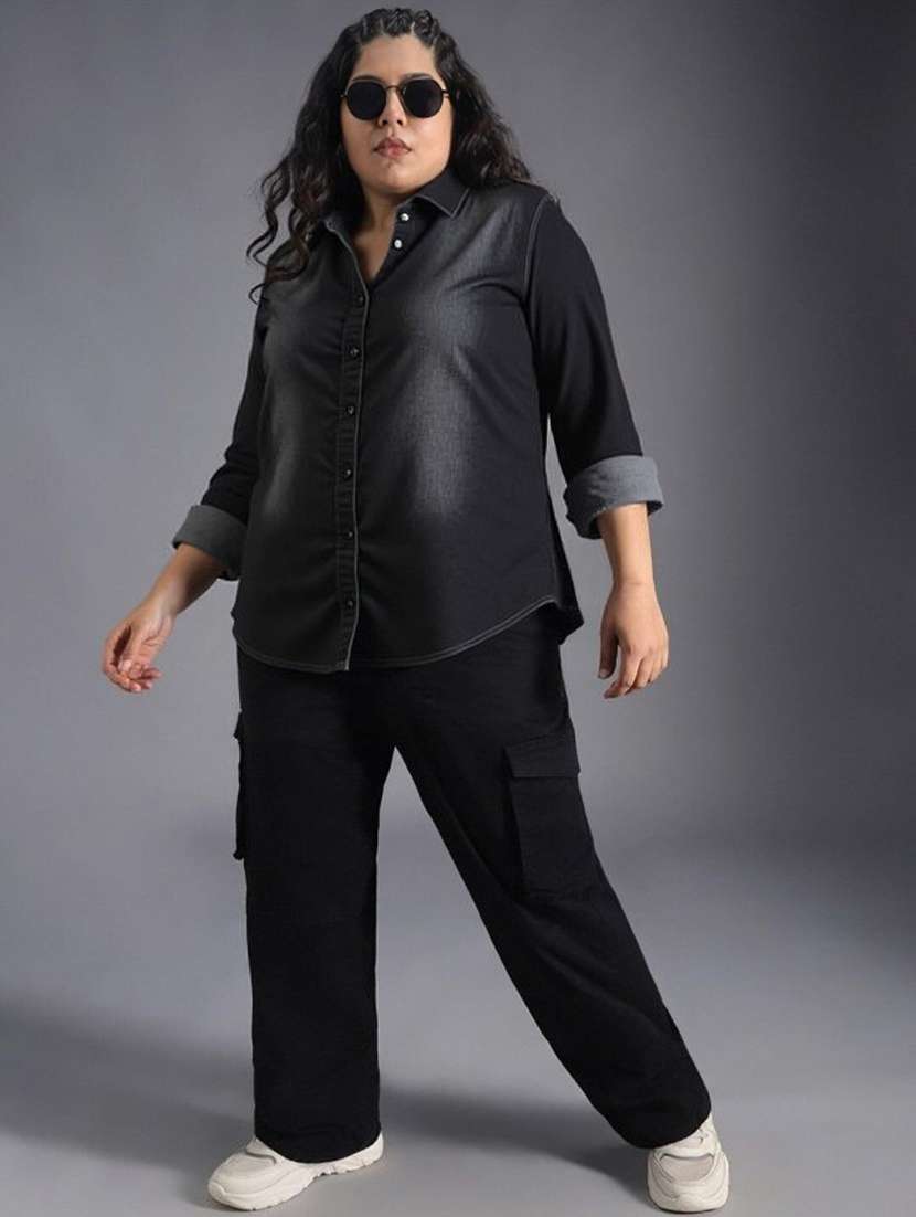 women solid collared short sleeve denim shirt - 22353192 -  Standard Image - 3