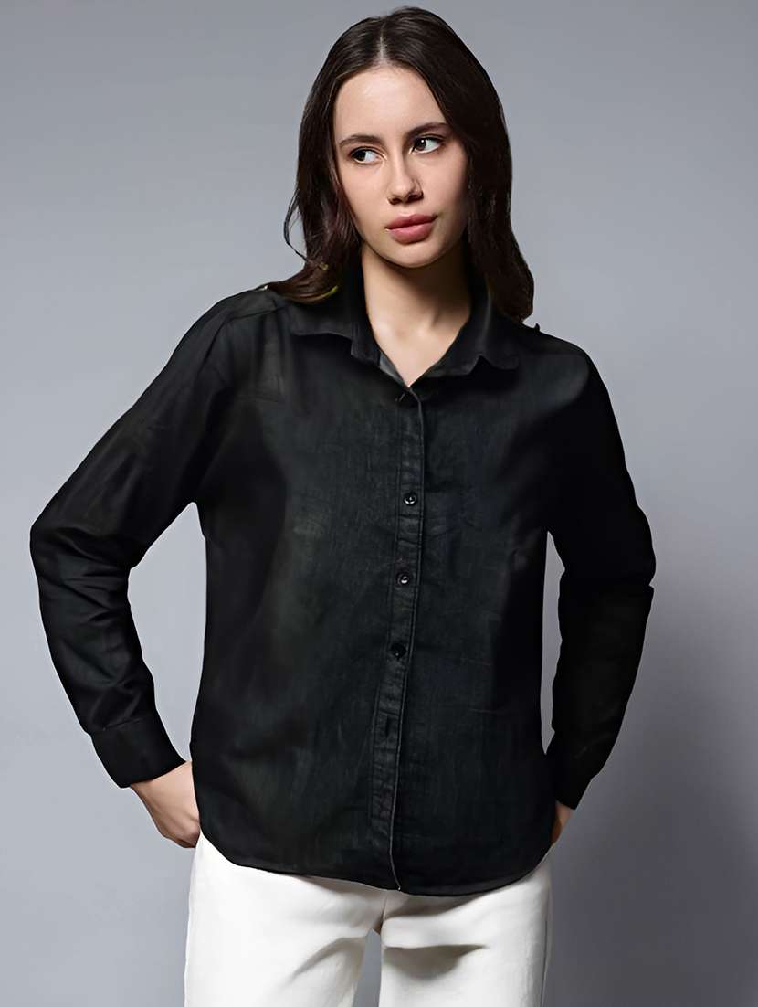 women solid collared long sleeve shirt