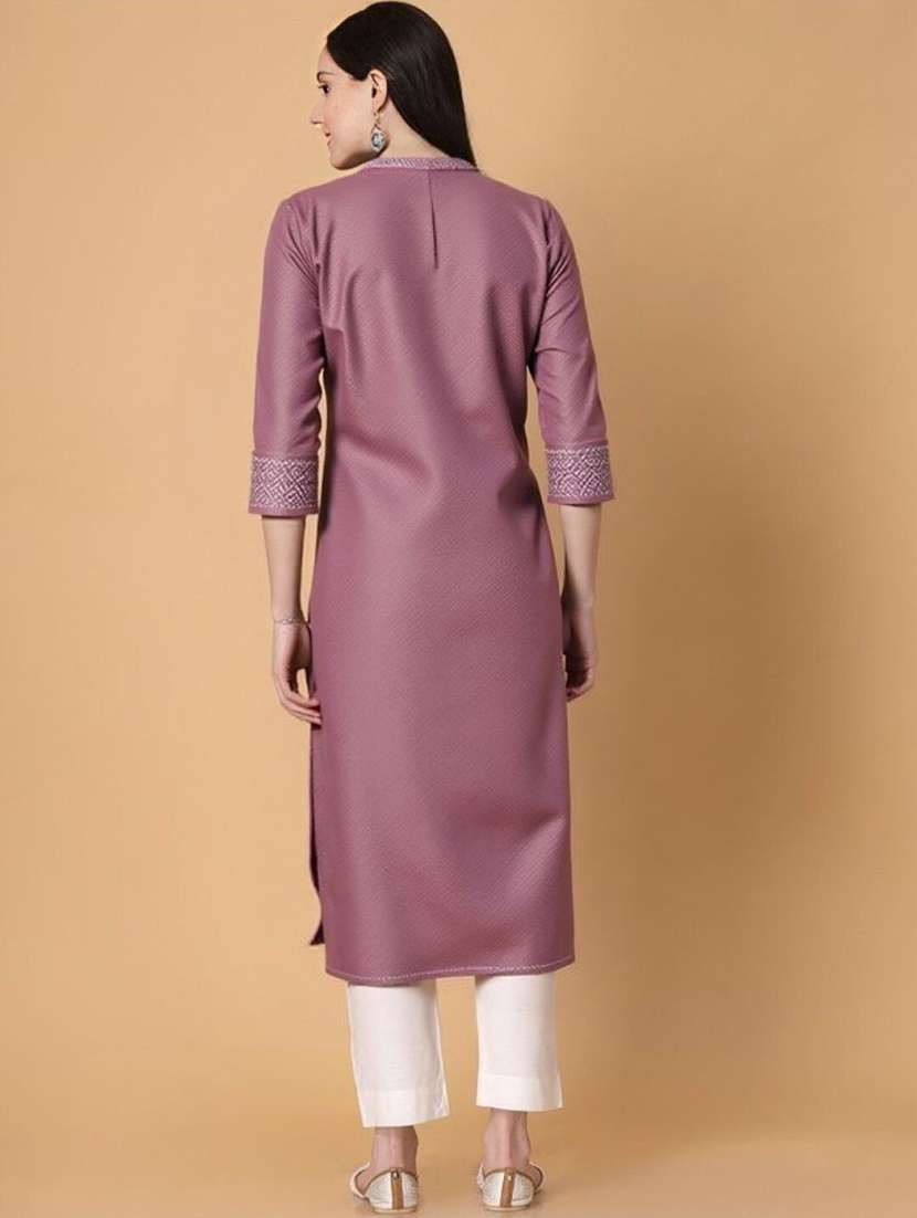 women solid with work three quarter sleeve a-line kurta - 22353198 -  Standard Image - 3