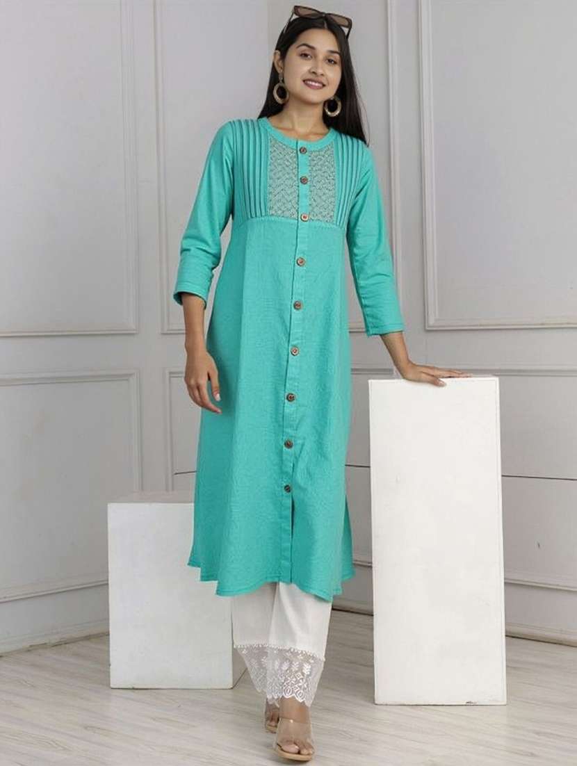 women solid with work three quarter sleeve a-line kurta