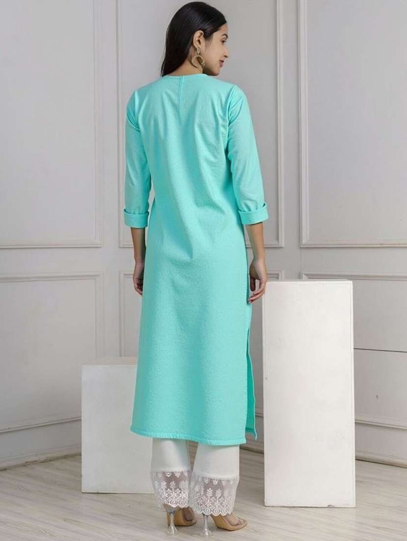 women solid with work three quarter sleeve a-line kurta - 22353209 -  Standard Image - 3