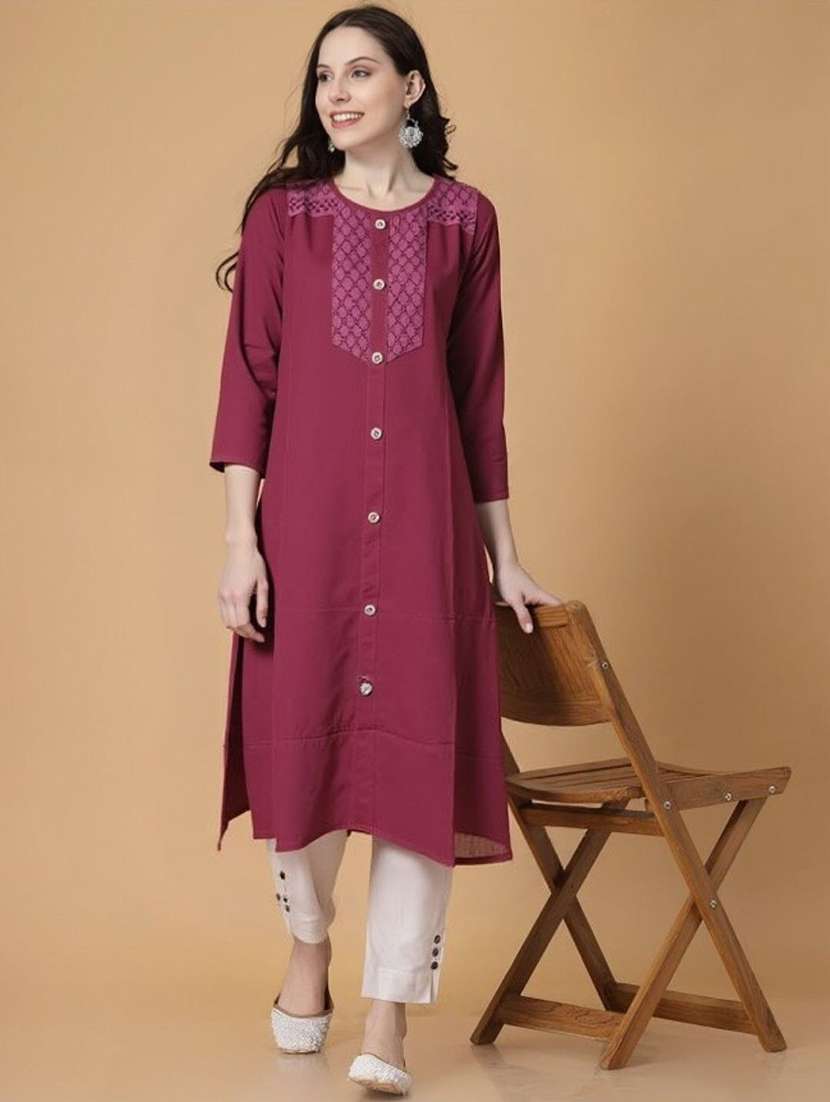 women solid with work three quarter sleeve a-line kurta