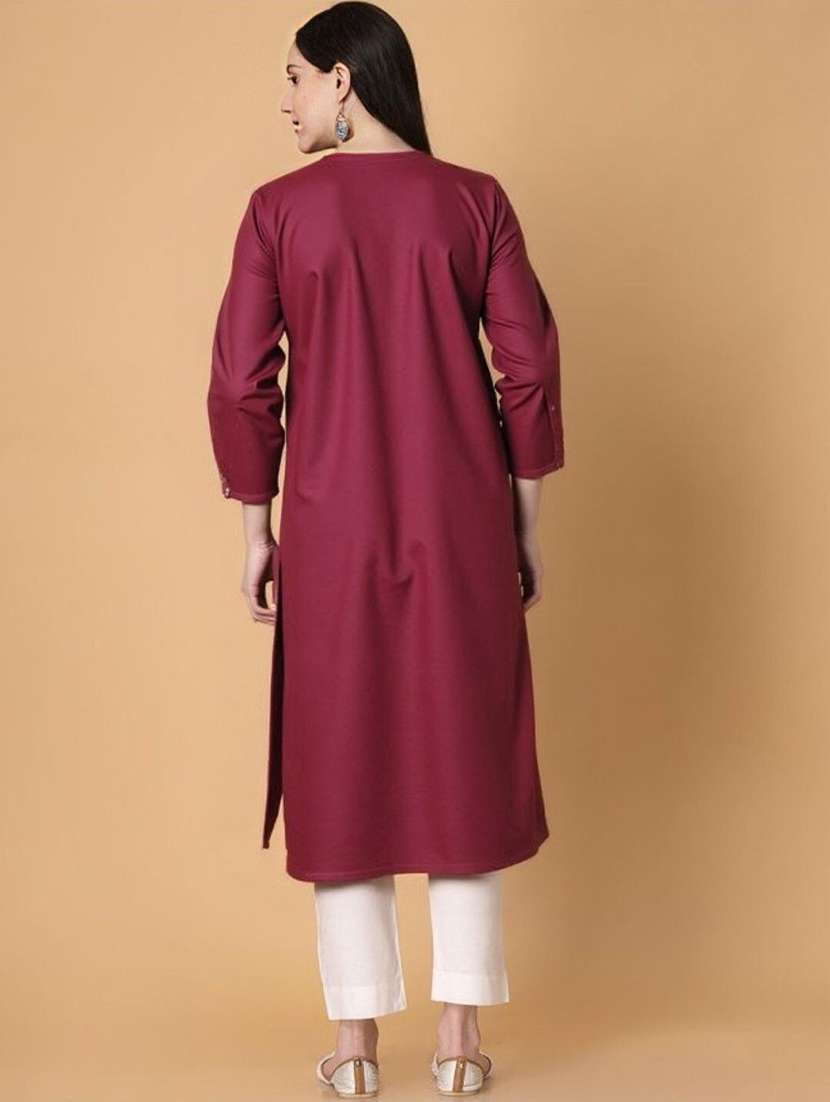 women solid with work three quarter sleeve a-line kurta - 22353224 -  Standard Image - 3