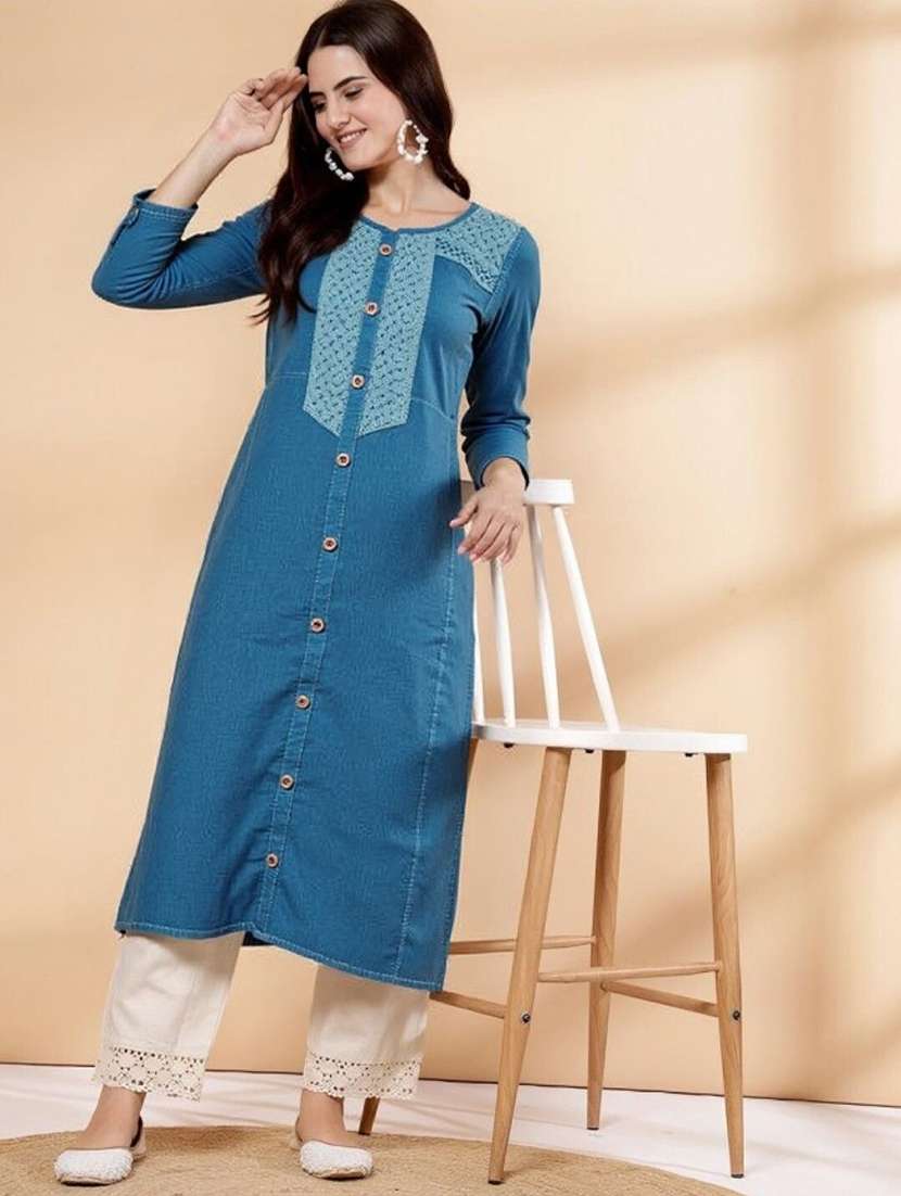 women solid with work three quarter sleeve a-line kurta