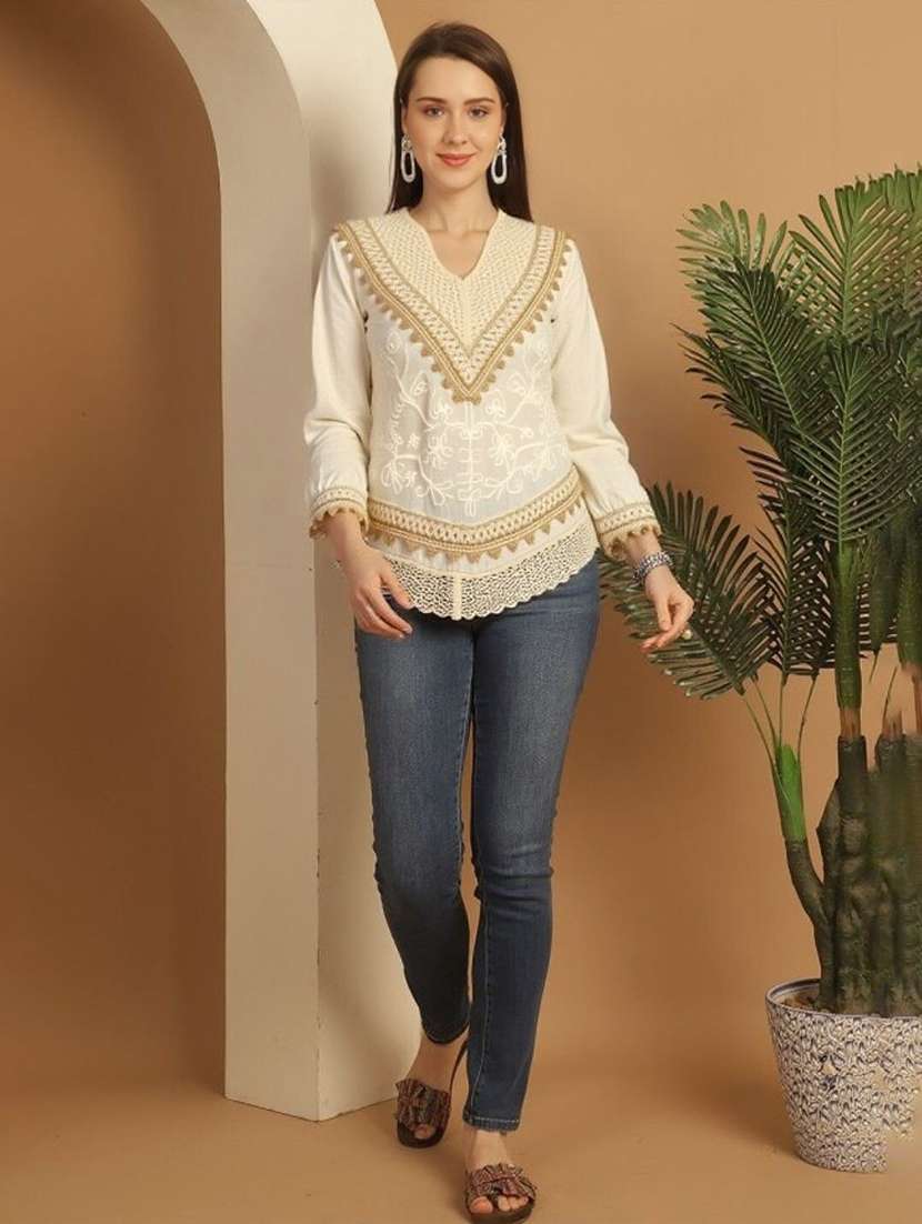 women solid with work three quarter sleeve ethnic top - 22353282 -  Standard Image - 3