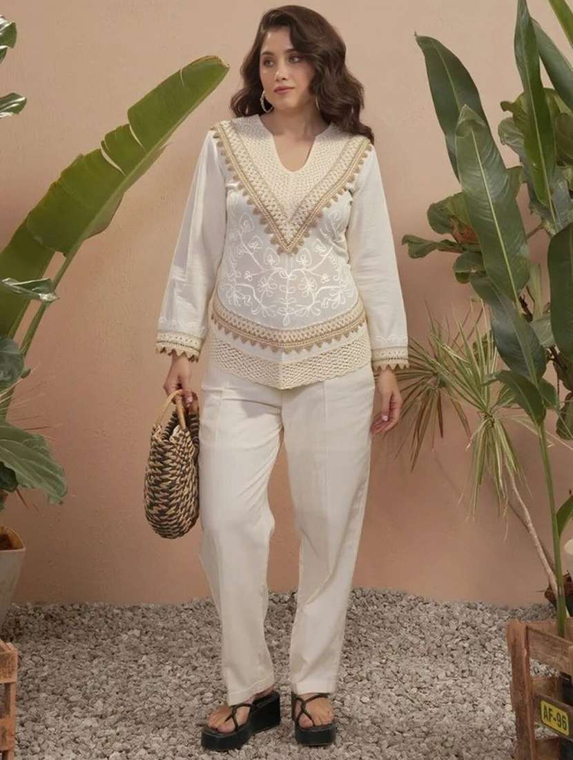 women solid with work three quarter sleeve ethnic top - 22353285 -  Standard Image - 3