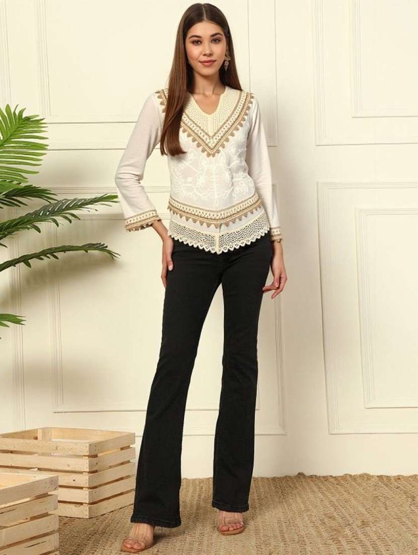 women solid with work three quarter sleeve ethnic top - 22353286 -  Standard Image - 3