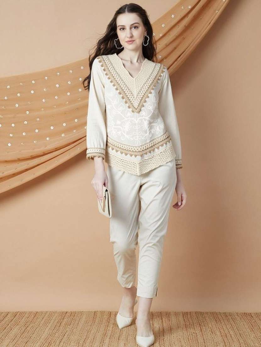 women solid with work three quarter sleeve ethnic top - 22353288 -  Standard Image - 3