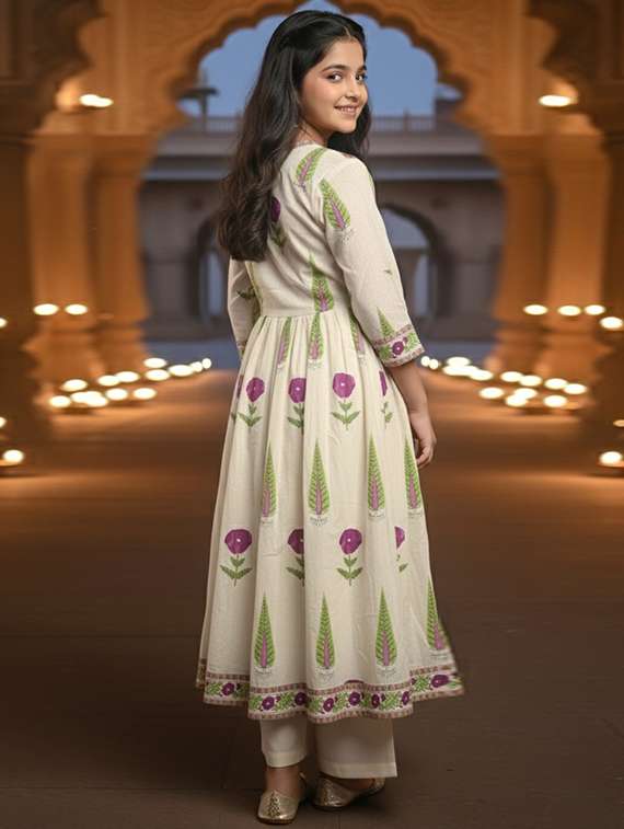Women Printed Three Quarter Sleeve Flared Kurta - 22353382 -  Standard Image - 3