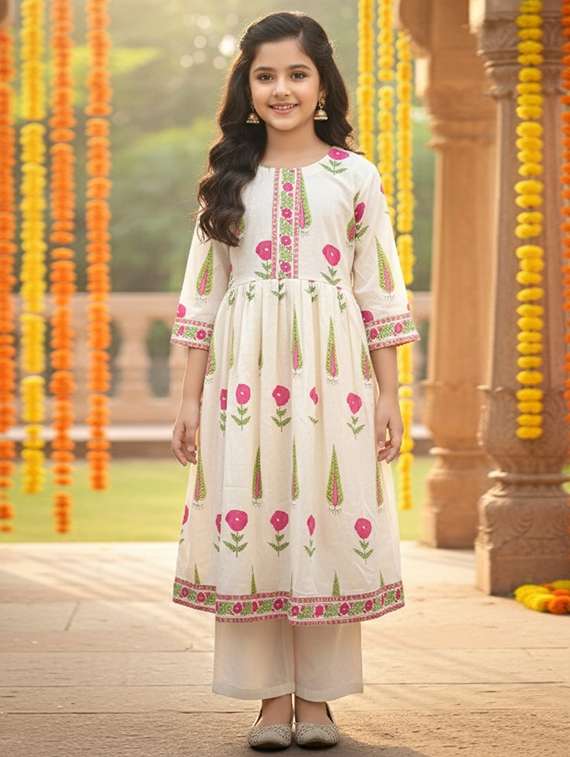 women printed three quarter sleeve flared kurta