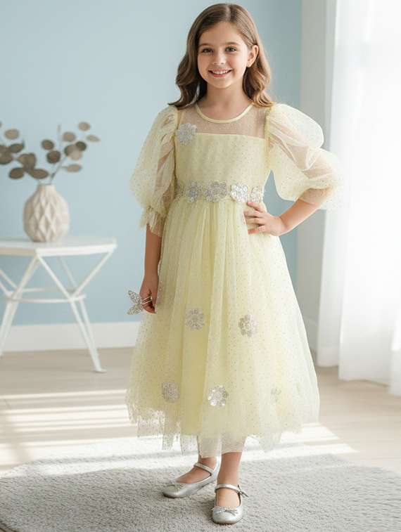 girls self designed puff sleeve fit & flare dress