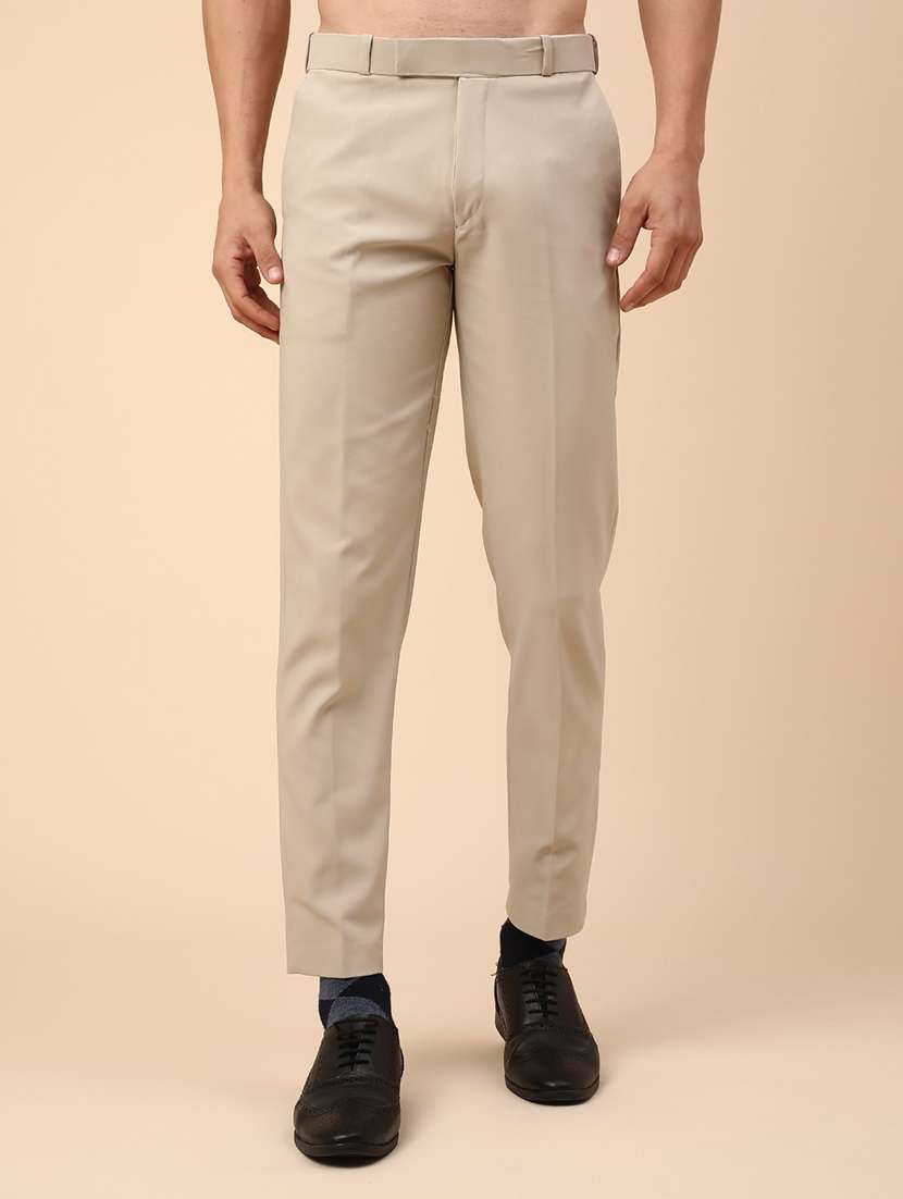 men beige cotton flat front trousers formal trouser