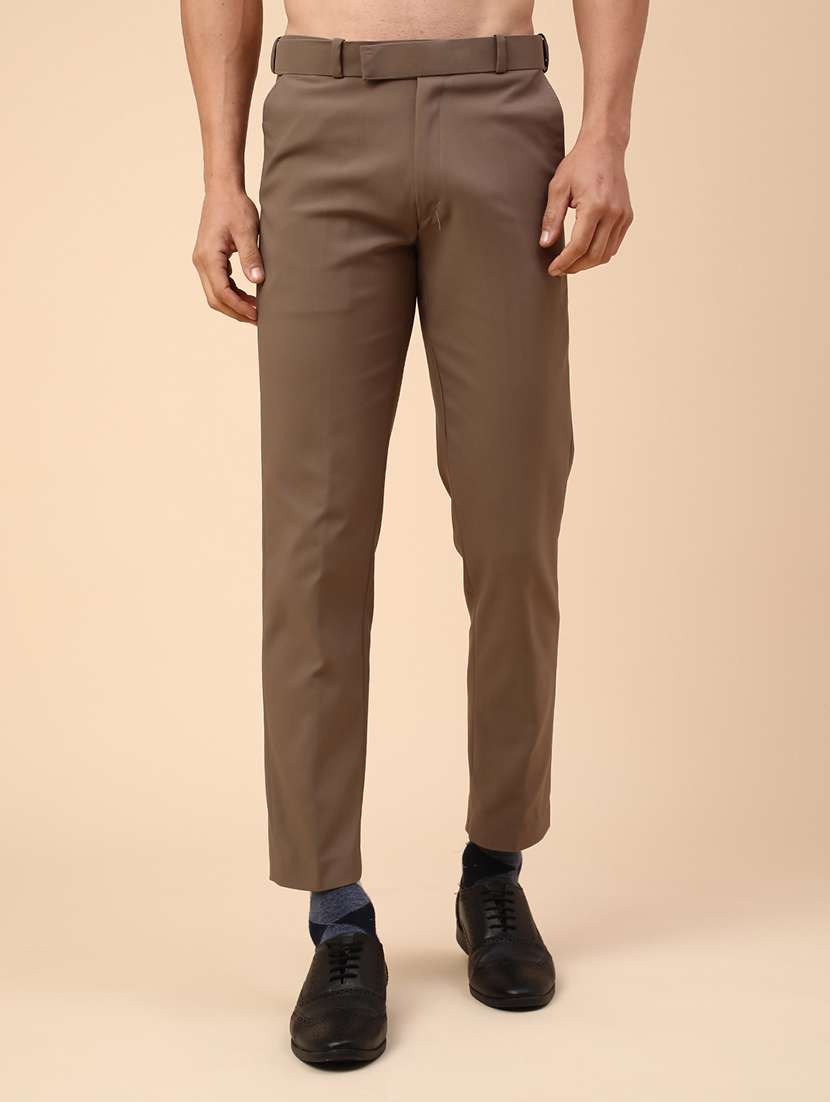 brown cotton flat front trousers formal