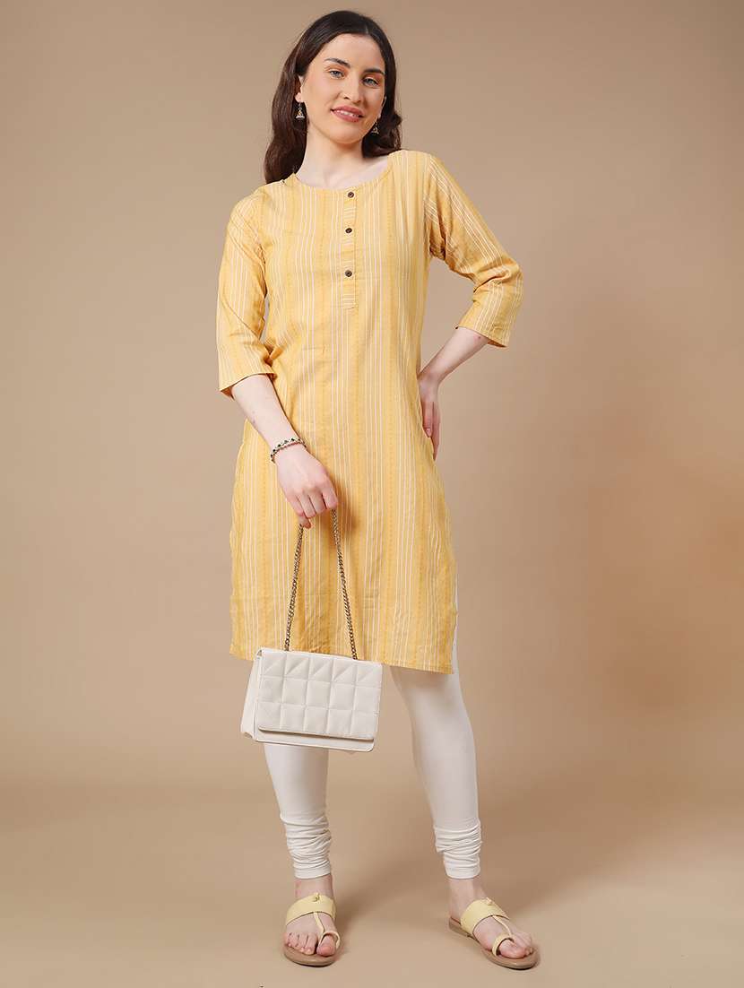 women yellow cotton straight kurta - 22353998 -  Standard Image - 5