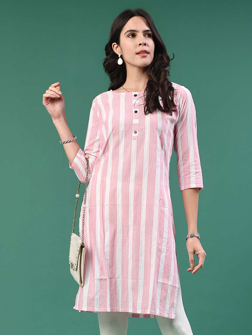 women pink cotton straight kurta - 22354000 -  Standard Image - 5