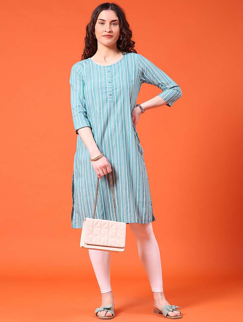 women striped three quarter sleeve straight kurta