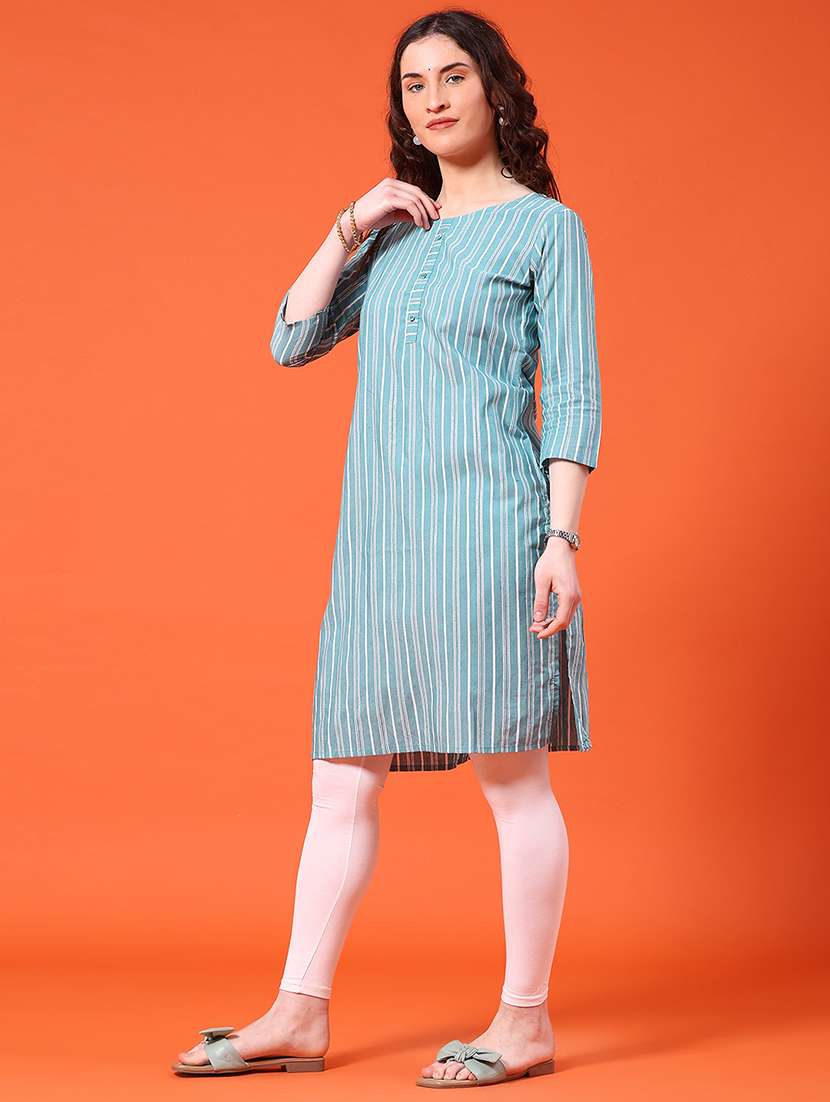 women striped three quarter sleeve straight kurta - 22354002 -  Standard Image - 3