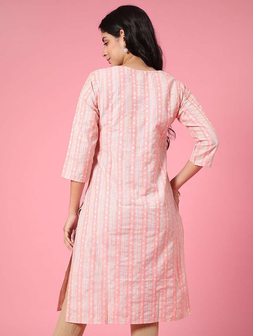women peach cotton straight kurta - 22354004 -  Standard Image - 3